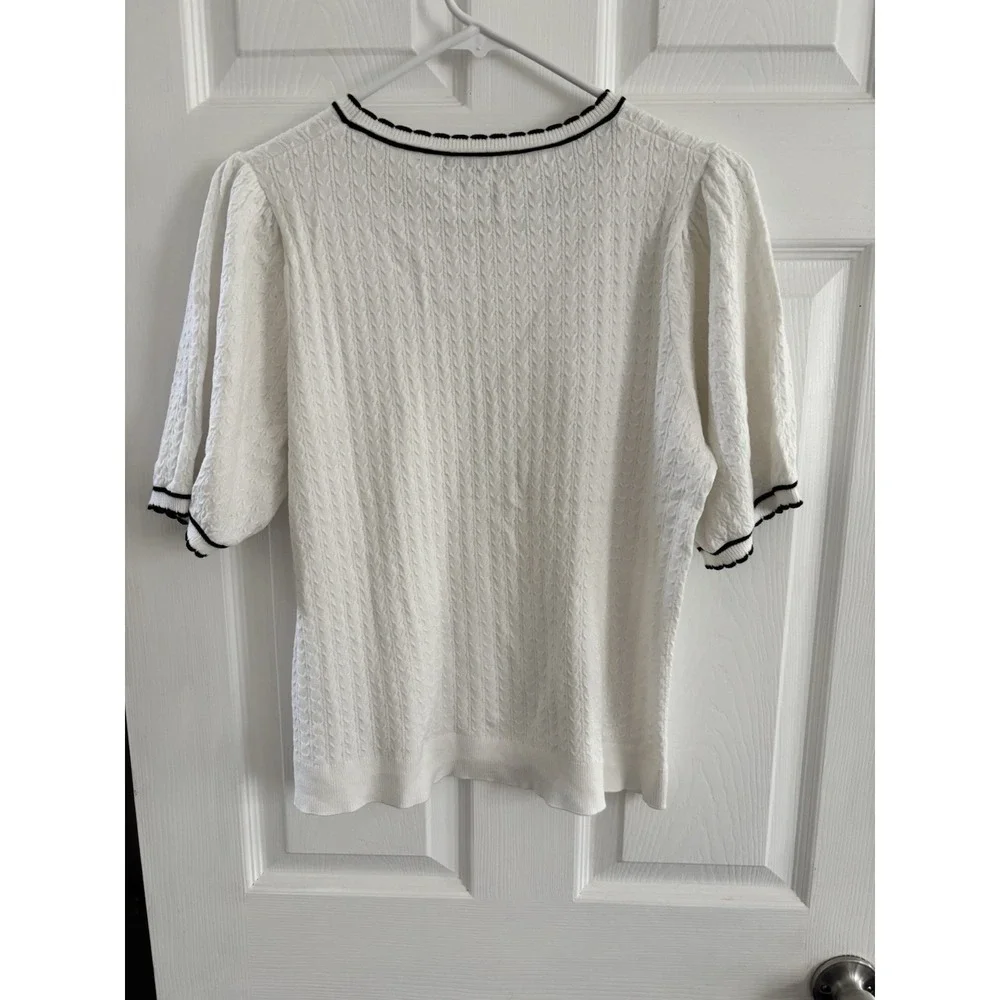 Adrianna Papell Ladylike Scalloped Edge Short Sleeve Sweater Size Large Wht/Navy - Picture 11 of 11